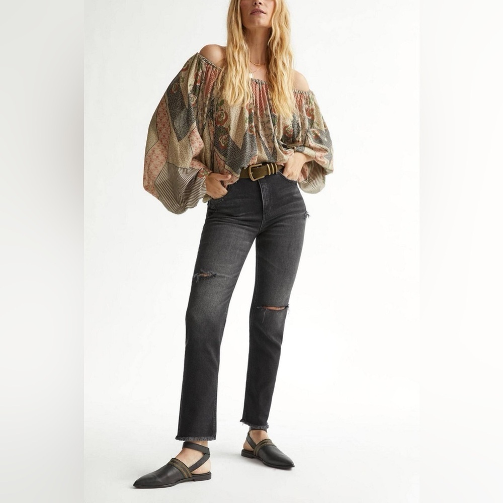 Pilcro by Anthropologie Vintage Straight Black Distressed Jeans Raw Hem, Size 31